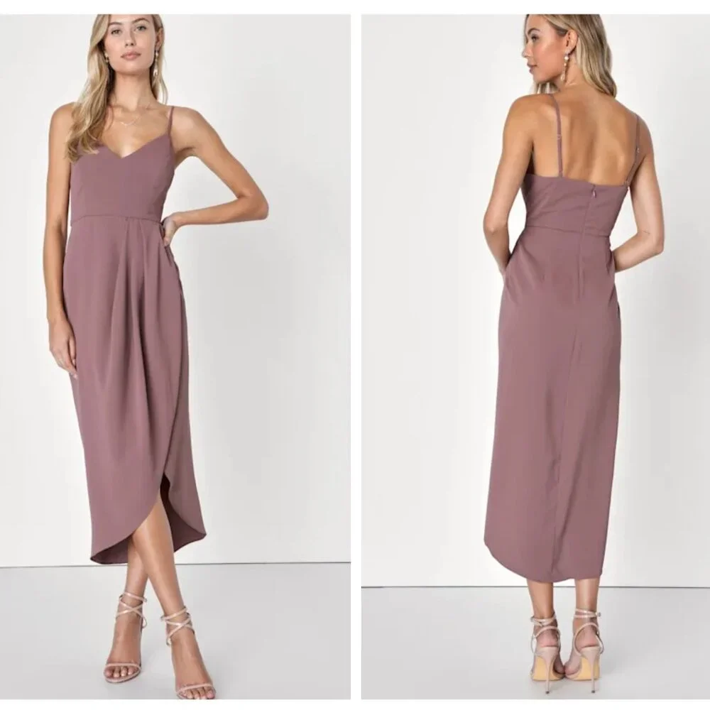 Lulus Midi Dress M Reinette Mauve Hi Low Adjustable Straps Zip Back - Picture 2 of 7